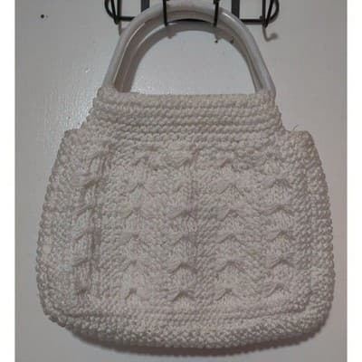 Vintage White Knit Handbag with Round Plastic Handles - Thumbnail 3