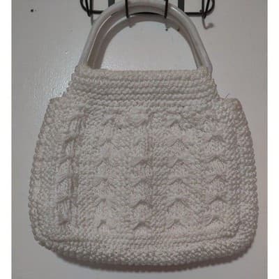 Vintage White Knit Handbag with Round Plastic Handles - Thumbnail 7