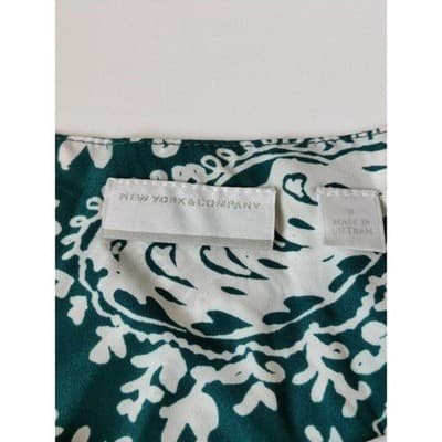 New York & Company Teal White Paisley Ruffle Neck Long Sleeve Blouse Shirt S - Thumbnail 6