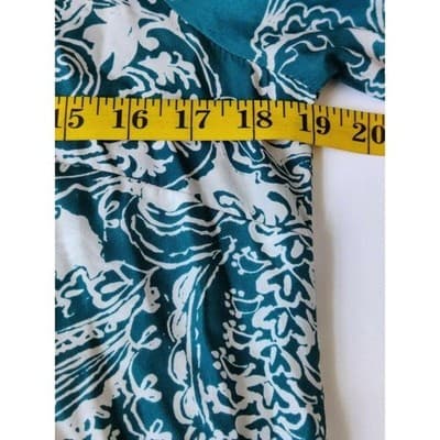 New York & Company Teal White Paisley Ruffle Neck Long Sleeve Blouse Shirt S - Thumbnail 9