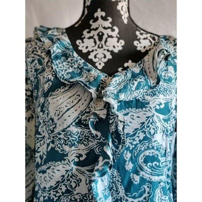 New York & Company Teal White Paisley Ruffle Neck Long Sleeve Blouse Shirt S - Thumbnail 2