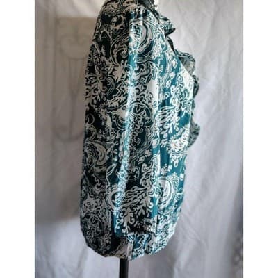 New York & Company Teal White Paisley Ruffle Neck Long Sleeve Blouse Shirt S - Thumbnail 5