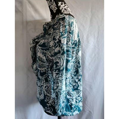 New York & Company Teal White Paisley Ruffle Neck Long Sleeve Blouse Shirt S - Thumbnail 3