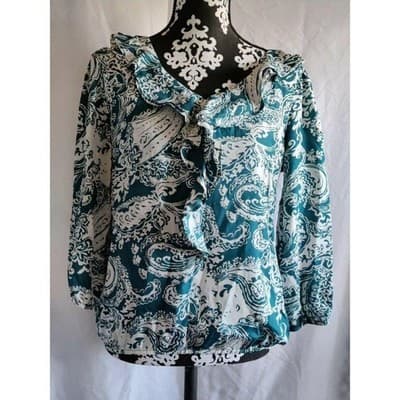 New York & Company Teal White Paisley Ruffle Neck Long Sleeve Blouse Shirt S - Image 1