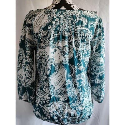 New York & Company Teal White Paisley Ruffle Neck Long Sleeve Blouse Shirt S - Thumbnail 4