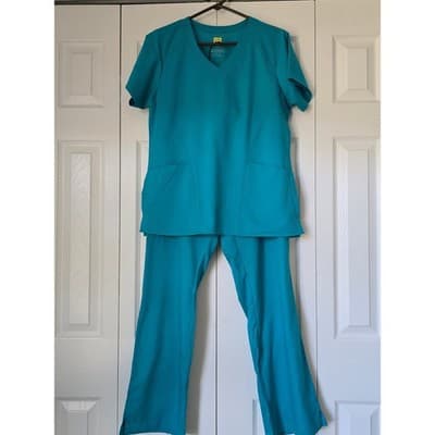 WonderWink PRO Womens Scrub Set Teal Blue V-Neck Top Cargo Pants Small Petite SP - Image 1