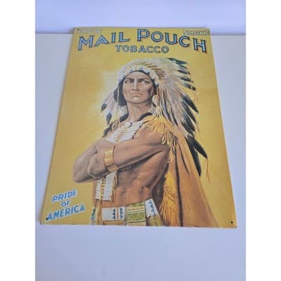 Vintage Mail Pouch Tobacco Tin Sign Pride of America Native American Chief 1990 - Thumbnail 3