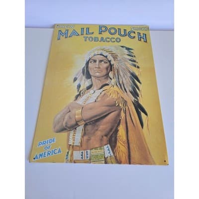 Vintage Mail Pouch Tobacco Tin Sign Pride of America Native American Chief 1990 - Thumbnail 5