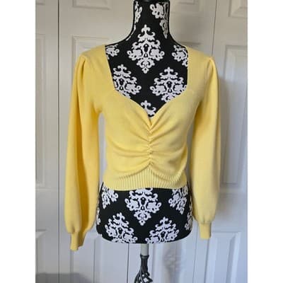 VICI Yellow Ruched Sweetheart Ribbed Balloon Sleeve Sweater TDSK1234IMK Small - Thumbnail 12