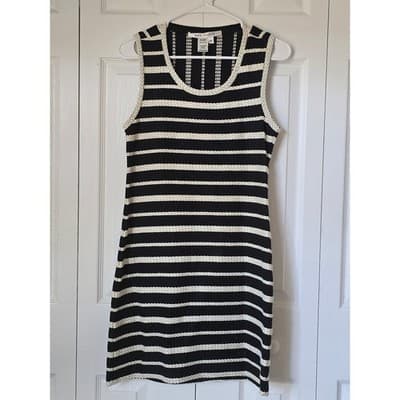 Max Studio Black White Striped Braided Cotton Shift Dress XS 3903M55 - Thumbnail 9