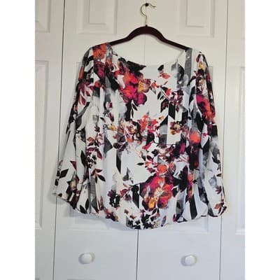 Alfani Womens Size 14 Abstract Floral Print Long Sleeve Scoop Neck Blouse White - Image 1