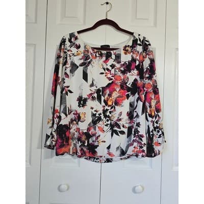 Alfani Womens Size 14 Abstract Floral Print Long Sleeve Scoop Neck Blouse White - Thumbnail 2