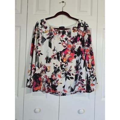 Alfani Womens Size 14 Abstract Floral Print Long Sleeve Scoop Neck Blouse White - Thumbnail 10