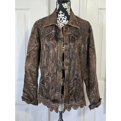 Flashback Women's PXL Brown Embroidered Lace Trim Denim Jacket - Image 1