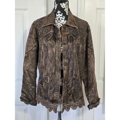 Flashback Women's PXL Brown Embroidered Lace Trim Denim Jacket - Thumbnail 3
