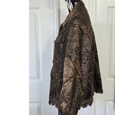 Flashback Women's PXL Brown Embroidered Lace Trim Denim Jacket - Thumbnail 4