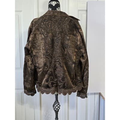 Flashback Women's PXL Brown Embroidered Lace Trim Denim Jacket - Thumbnail 5