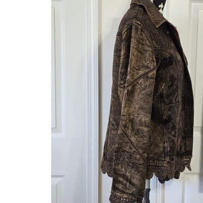 Flashback Women's PXL Brown Embroidered Lace Trim Denim Jacket - Thumbnail 6