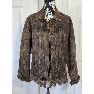 Flashback Women's PXL Brown Embroidered Lace Trim Denim Jacket - Thumbnail 2