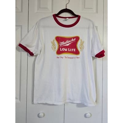 Port & Company Matlacha Low Life Blue Dog Bar Ringer T-Shirt White Red Large - Image 1