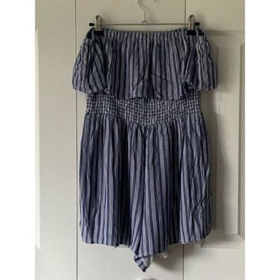 American Eagle Women's L Blue Striped Off-Shoulder Ruffled Dress - Thumbnail 5