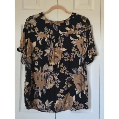 Croft & Barrow Womens XL Black Floral Short Sleeve Button Tab Blouse Top Stretch - Thumbnail 2
