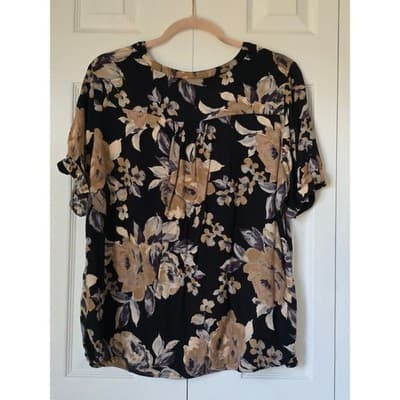 Croft & Barrow Womens XL Black Floral Short Sleeve Button Tab Blouse Top Stretch - Thumbnail 9