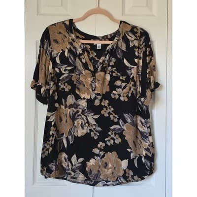 Croft & Barrow Womens XL Black Floral Short Sleeve Button Tab Blouse Top Stretch - Thumbnail 10