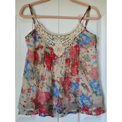 Passport Floral Lace Crochet Camisole Top Pink Blue Boho Chiffon Pleated Small - Image 1