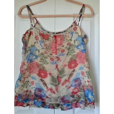 Passport Floral Lace Crochet Camisole Top Pink Blue Boho Chiffon Pleated Small - Thumbnail 2