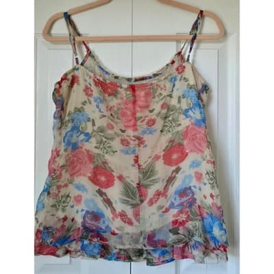 Passport Floral Lace Crochet Camisole Top Pink Blue Boho Chiffon Pleated Small - Thumbnail 8