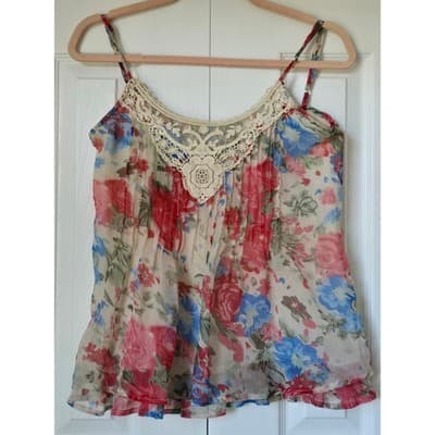 Passport Floral Lace Crochet Camisole Top Pink Blue Boho Chiffon Pleated Small - Thumbnail 9