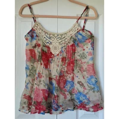 Passport Floral Lace Crochet Camisole Top Pink Blue Boho Chiffon Pleated Small - Thumbnail 10