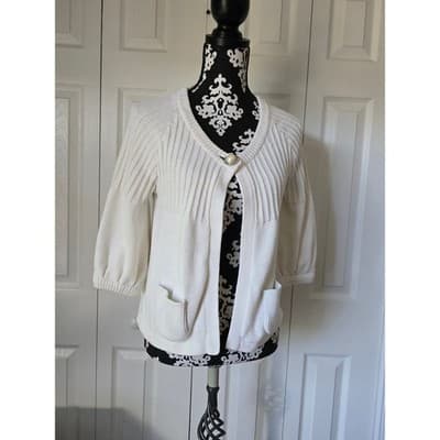 A.M.I. Cream White Ribbed Open Front Cardigan Puff 3/4 Sleeve Pocket Sweater M - Image 1