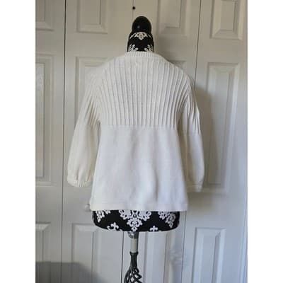 A.M.I. Cream White Ribbed Open Front Cardigan Puff 3/4 Sleeve Pocket Sweater M - Thumbnail 2