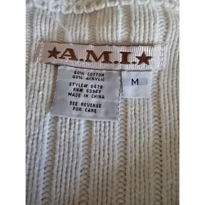 A.M.I. Cream White Ribbed Open Front Cardigan Puff 3/4 Sleeve Pocket Sweater M - Thumbnail 3
