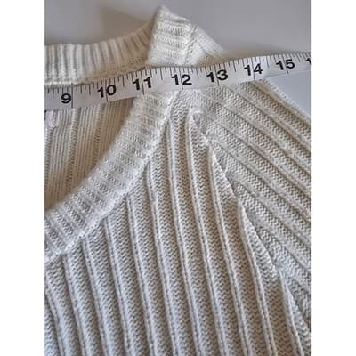 A.M.I. Cream White Ribbed Open Front Cardigan Puff 3/4 Sleeve Pocket Sweater M - Thumbnail 5