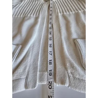 A.M.I. Cream White Ribbed Open Front Cardigan Puff 3/4 Sleeve Pocket Sweater M - Thumbnail 7