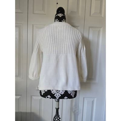 A.M.I. Cream White Ribbed Open Front Cardigan Puff 3/4 Sleeve Pocket Sweater M - Thumbnail 9