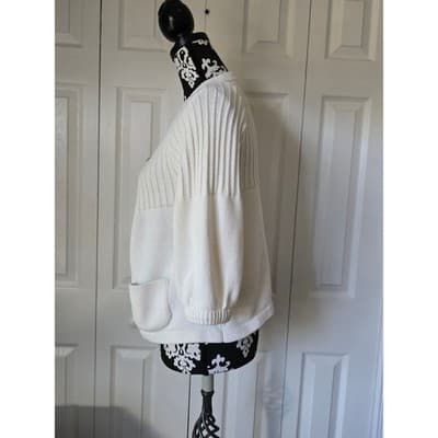 A.M.I. Cream White Ribbed Open Front Cardigan Puff 3/4 Sleeve Pocket Sweater M - Thumbnail 10