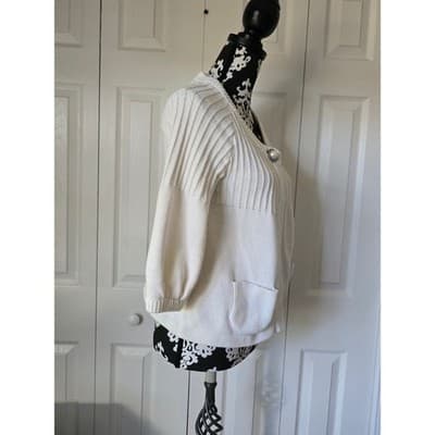 A.M.I. Cream White Ribbed Open Front Cardigan Puff 3/4 Sleeve Pocket Sweater M - Thumbnail 12