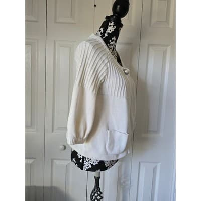 A.M.I. Cream White Ribbed Open Front Cardigan Puff 3/4 Sleeve Pocket Sweater M - Thumbnail 13