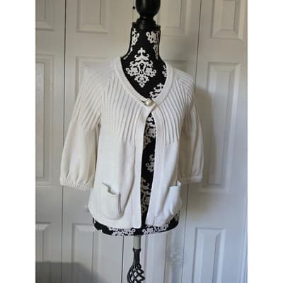 A.M.I. Cream White Ribbed Open Front Cardigan Puff 3/4 Sleeve Pocket Sweater M - Thumbnail 11