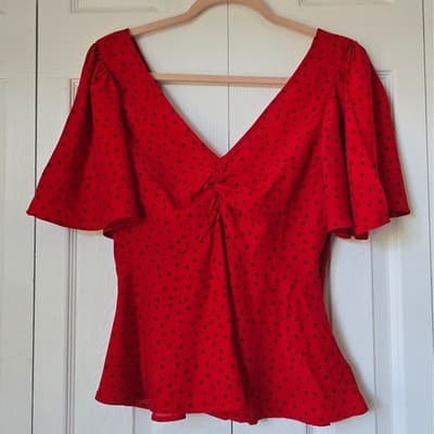 A New Day Red Polka Dot Tie Front Peplum Blouse XS Short Sleeve V-Neck Top - Image 1