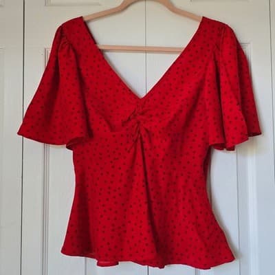 A New Day Red Polka Dot Tie Front Peplum Blouse XS Short Sleeve V-Neck Top - Thumbnail 2