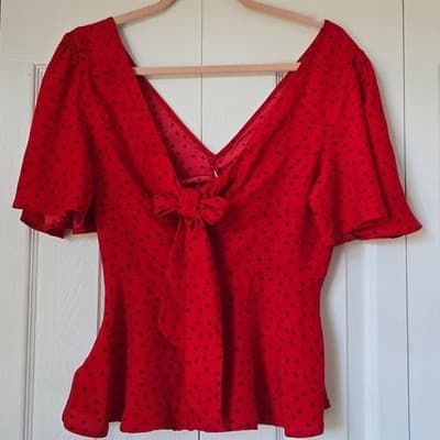 A New Day Red Polka Dot Tie Front Peplum Blouse XS Short Sleeve V-Neck Top - Thumbnail 9