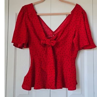 A New Day Red Polka Dot Tie Front Peplum Blouse XS Short Sleeve V-Neck Top - Thumbnail 8