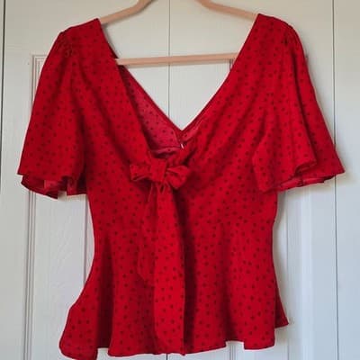 A New Day Red Polka Dot Tie Front Peplum Blouse XS Short Sleeve V-Neck Top - Thumbnail 10
