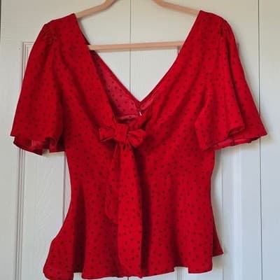 A New Day Red Polka Dot Tie Front Peplum Blouse XS Short Sleeve V-Neck Top - Thumbnail 11