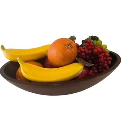 Vintage Dark Wood Oval Fruit Bowl with Realistic Artificial Fruit Centerpiece - Image 1